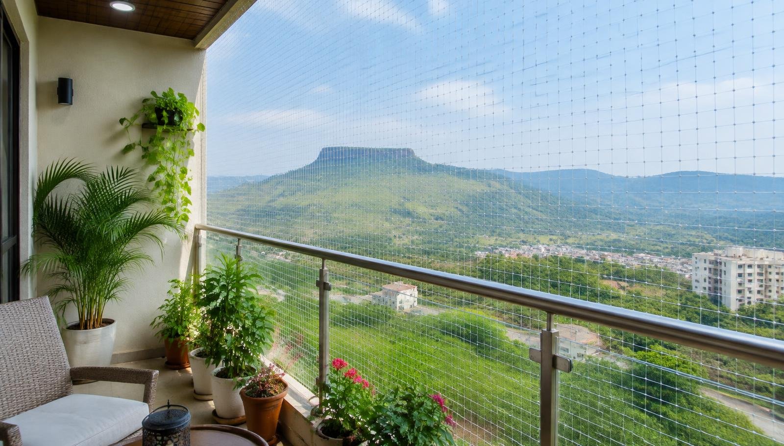 Apartment balcony covered with transparent pigeon safety net