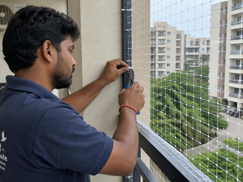 Technician fixing white bird net on an apartment balcony
