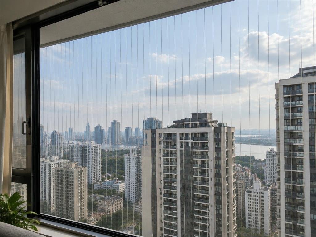 Invisible safety wires on a high-rise apartment window