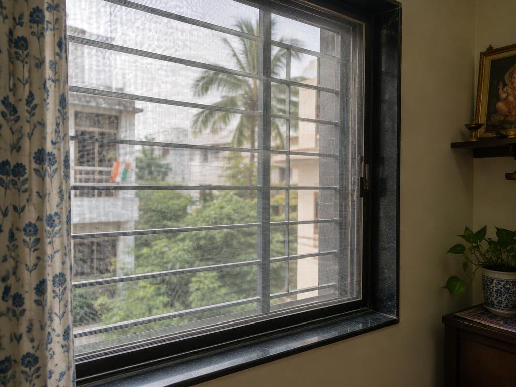 Window fitted with mosquito mesh in a home