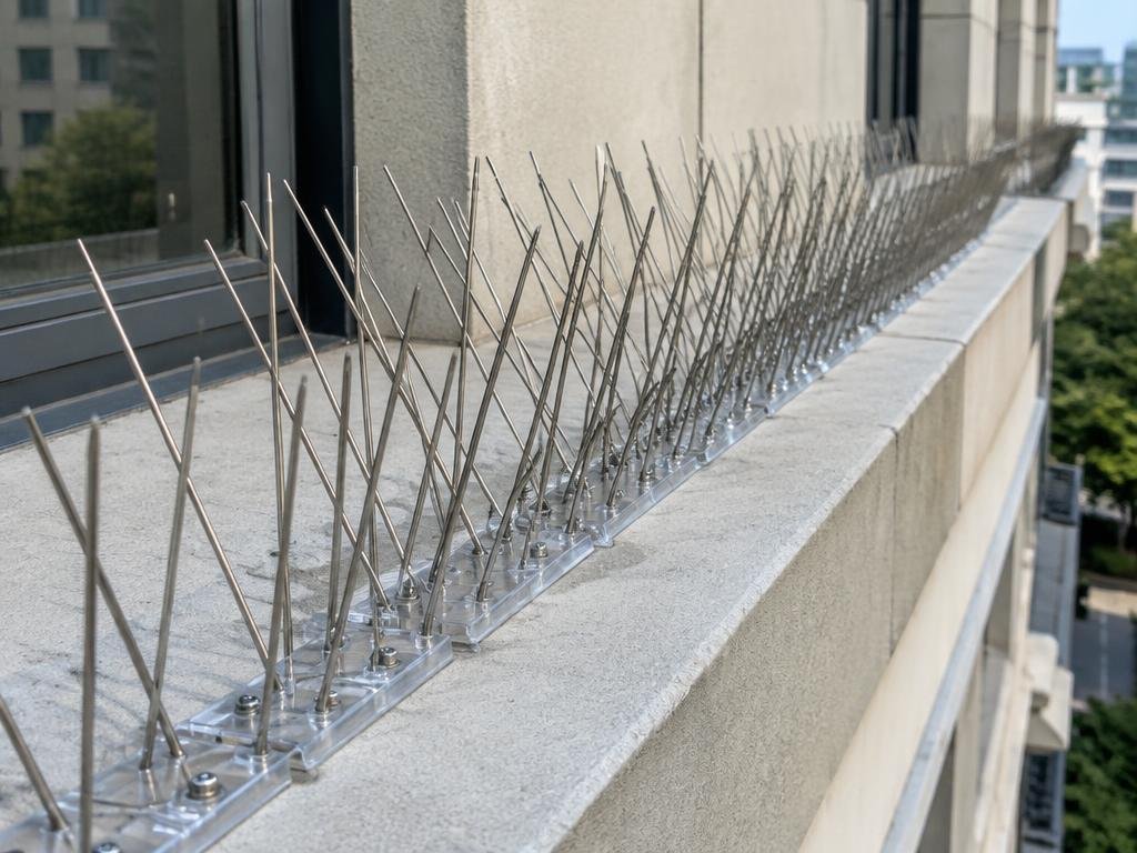 Steel bird spikes installed on a building ledge