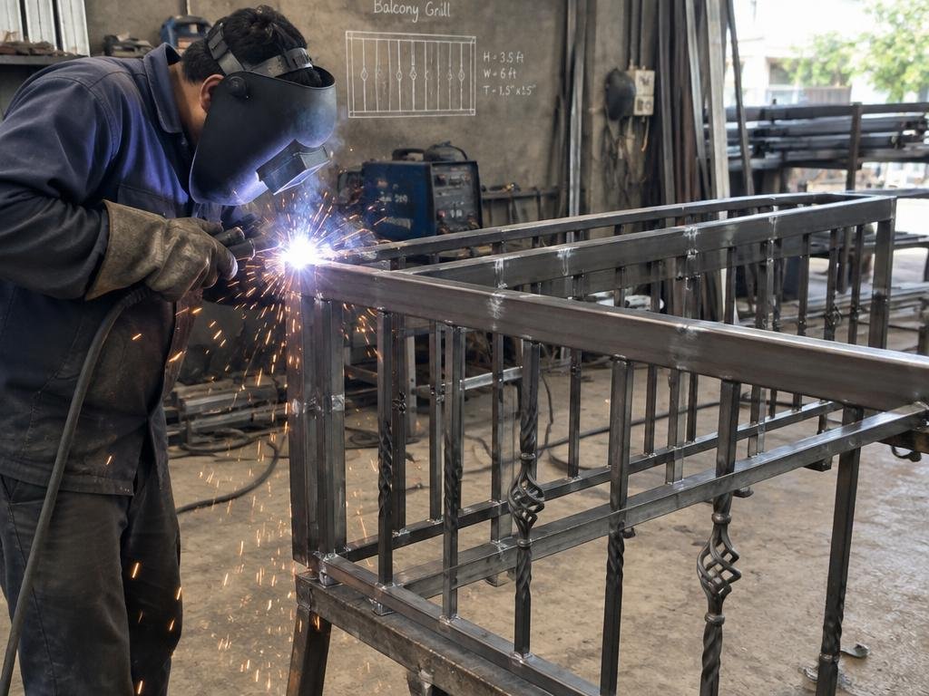 Welder fabricating a steel balcony grill